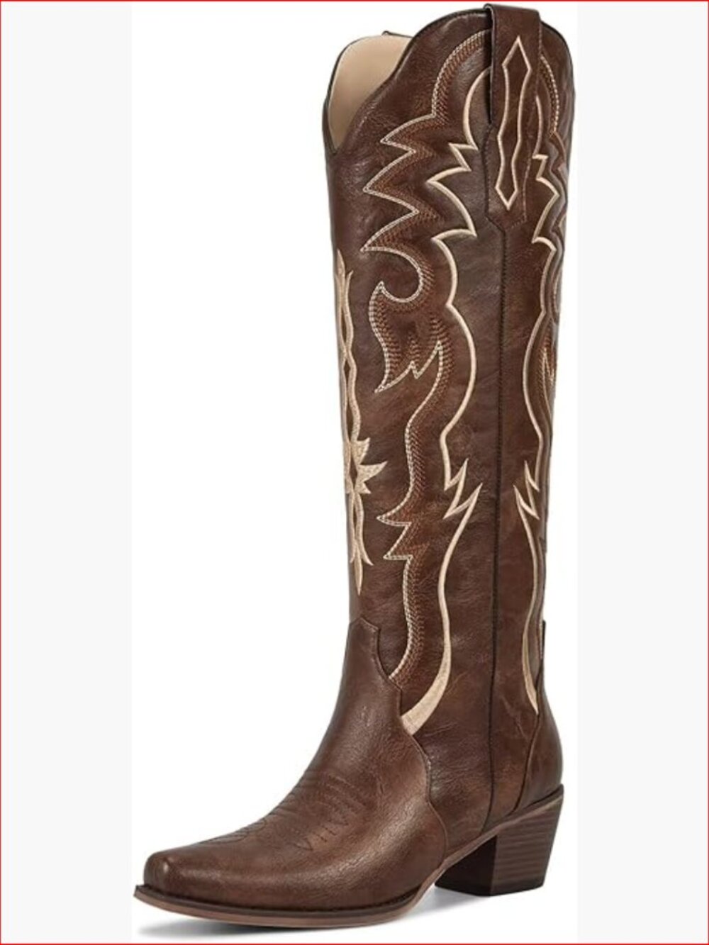 Knee High Cowboy Boots with Embroidered Chunky Heel Slip On Pointed Toe